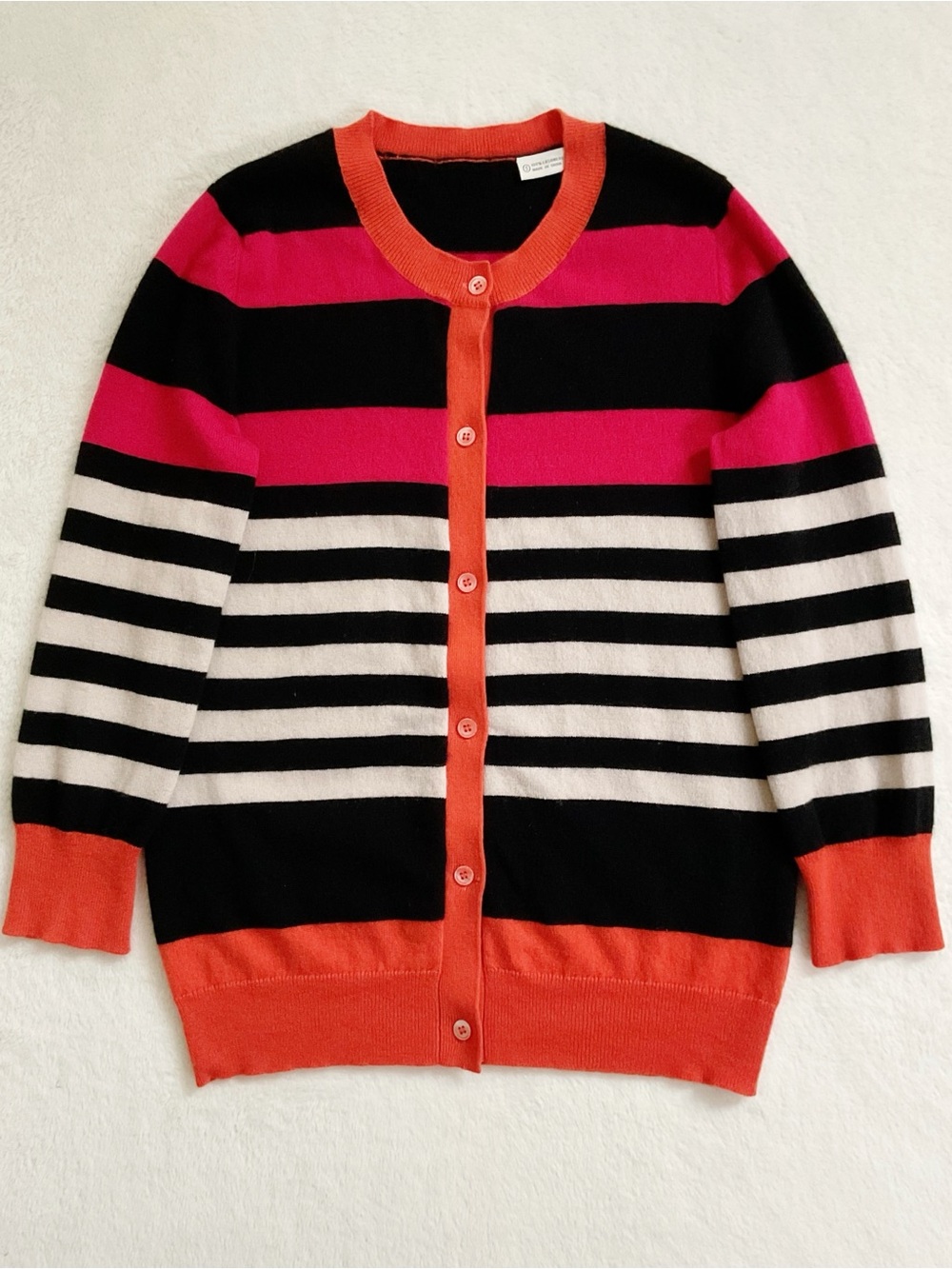 Neiman Marcus Cashmere Crewneck Striped Cardigan Black Orange Pink